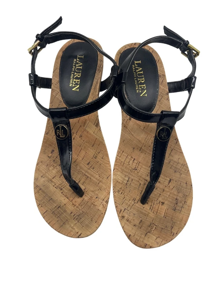 Sandalias de cuña Lauren Ralph Lauren Reeta modernas charol negro gamuza talla 7,5 Foto 2 de 4