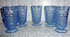 Five Fostoria Colony Cube Pattern Blue Iced Tea Footed Glasses