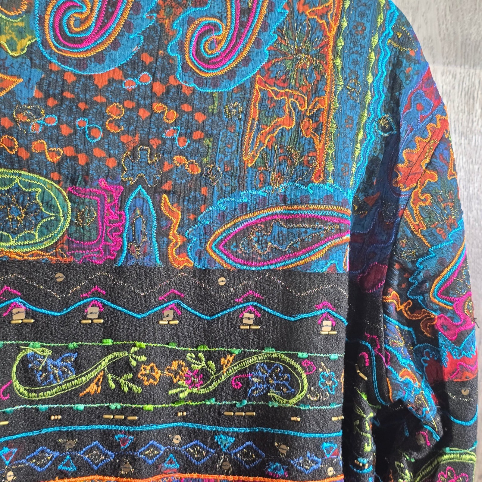 Chico's Colorful Patchwork Embellished Blazer Art to Wear Chico's Size2 US Large