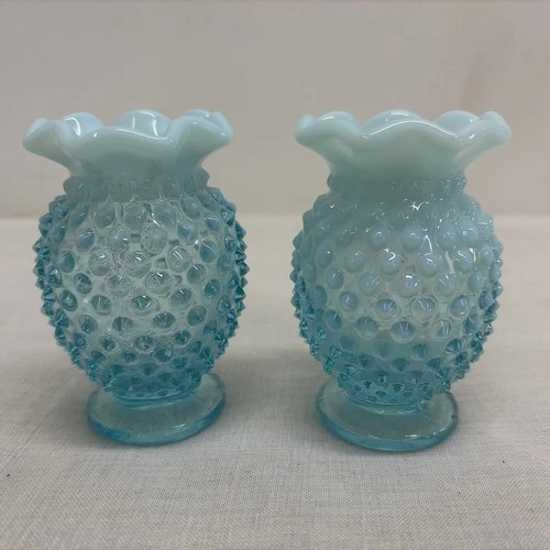 2 Vintage Fenton Hobnail Small 3.5” Opalescent Blue Ruffled Vase