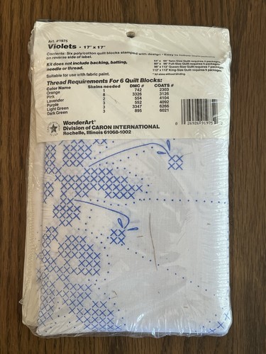 WonderArt 6 gestempelte Quiltblöcke #1975 Veilchen 17x17" Blumen neu versiegelt - Bild 4 von 5