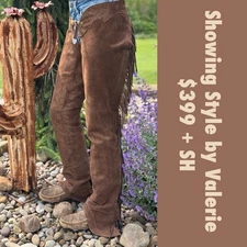 Leather Chaps- Showing Style By Valerie, Medium Long Brown, Ranch, AQHA ☀️