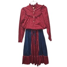 Eber San Francisco Vintage Prairie Skirt Blouse Set Denim Floral Lace Up Skirt