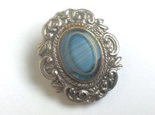 Clip Bague Broche pour Foulard Echarpe Bleu marbré Verre métal blanc Vintage