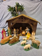 Vintage Heavy Cardboard Musical Lighted Nativity W/Manger, 14 Figures Palm Trees