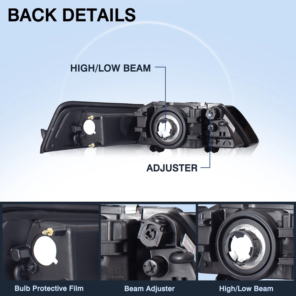 For 1999-2004 Ford Mustang Black Housing Headlights Headlamps Pair Left+Right - Image 3 of 4