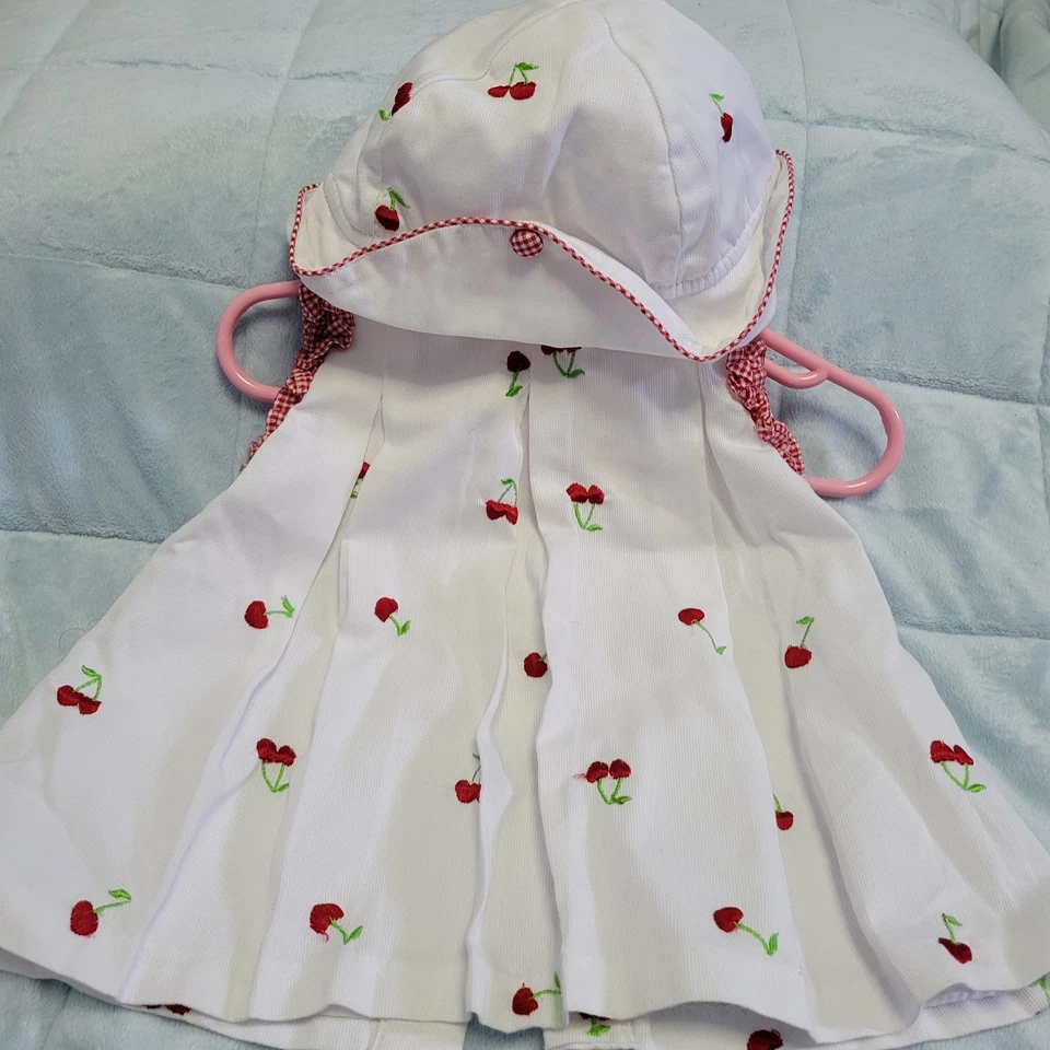 Vestido Vintage Little Bitty Bebé Niña Blanco Cereza Bordado con Sombrero 12 Meses Foto 4 de 4