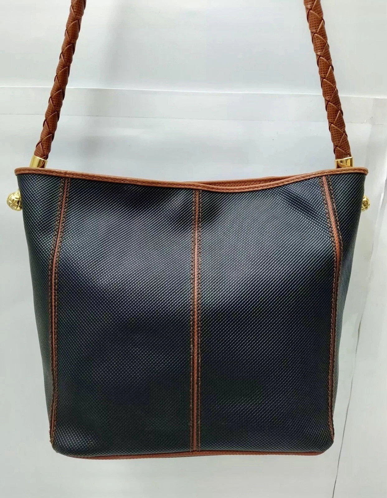 Borsa a tracolla vintage Bottega Veneta Marco Polo nera marrone rivestita tela