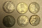 Lot of 6 Canadian Silver Quarters, 1949,1952, 1956(2) and 1961(2)