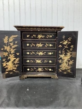 Antique 19th Century 1800s Chinese Qing Jewelry Cabinet Gold Gilt Black Lacquer