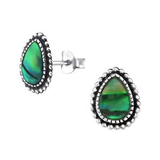 925 Sterling Silver Green Abalone Shell Pear Drop Stud Pair Earrings Studs Boxed