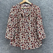 DR2 Blouse Women S Small White Floral V-Neck 3/4 Sleeve Puullover Casual Comfort