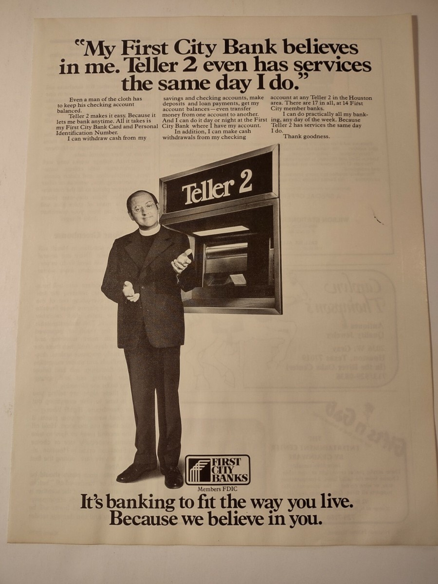 First City Banks Teller 2 Services Same Day I Do Vintage 1980s Print Ad Houston