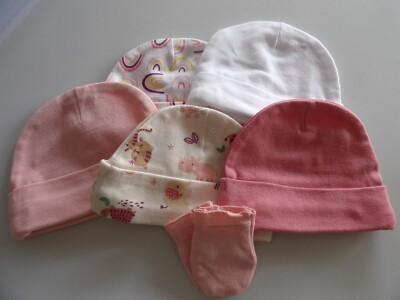 CLEARANCE Lot of 5 The Peanut Shell Baby Stretch Caps + Bonus Mittens
