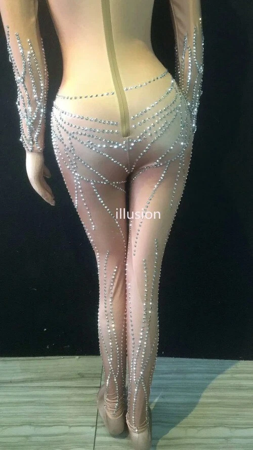 Bling Silver Rhinestones Nude Sequin Jumpsuit Sexy Club Bar Dance  Jumpsuit  - Imagem 4 de 4