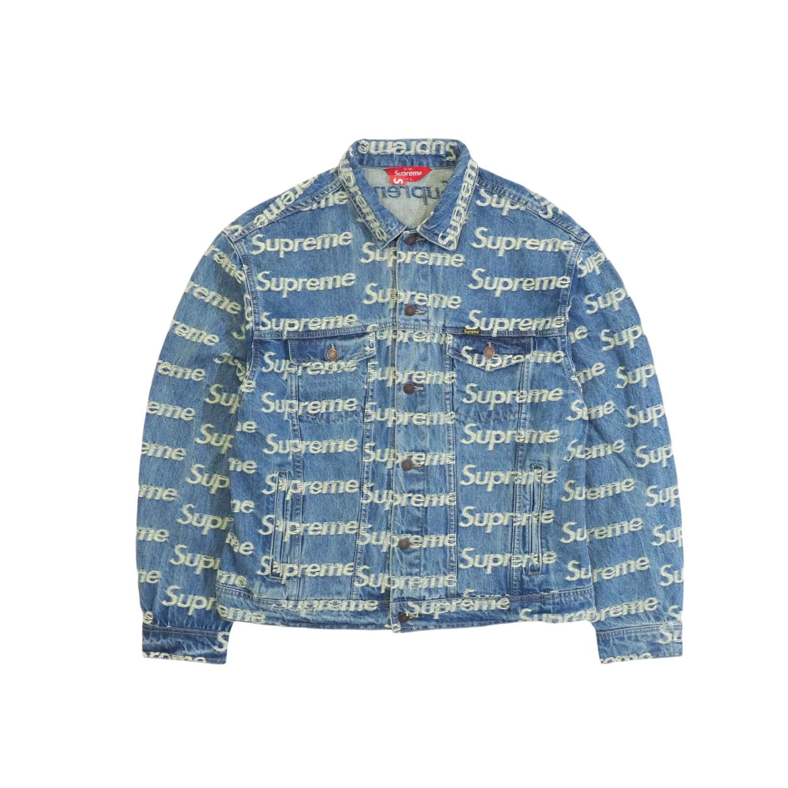 veste suprême logos effilés denim camionneur veste taille L