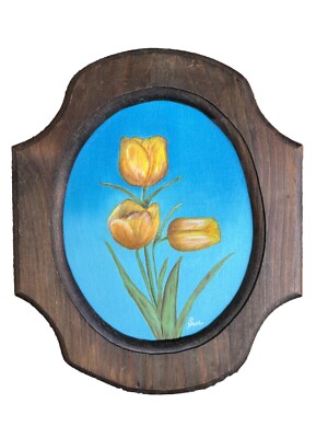 Vintage Yellow Tulips Flower Painting In Wooden  Frame