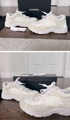 Size 10 - CHANEL Low Top Trainer Reflective White Suede | eBay