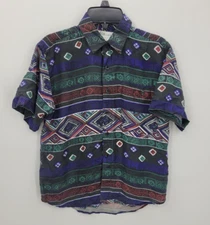 Silk Legend Top Womens Small 8 Colorful Aztec Tribal Short Sleeve Button Up Y2K