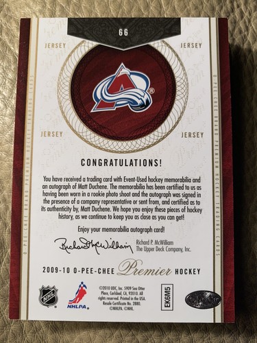 2009-10 Matt Duchene OPC Premier Auto Jersey RC #34/299 Predators π₯ - Picture 2 of 2