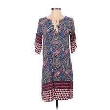 ARANEE Bohemian Quarter Sleeves Tassel Tie Neck Blue Paisley Tunic Dress Small