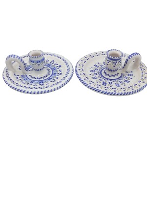 Pair CRUZ (Spain) Marked Blue And White Floral Finger Loop Candle Holders READ
