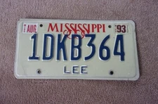 1993 MISSISSIPPI Lee County License Plate 1DKB364