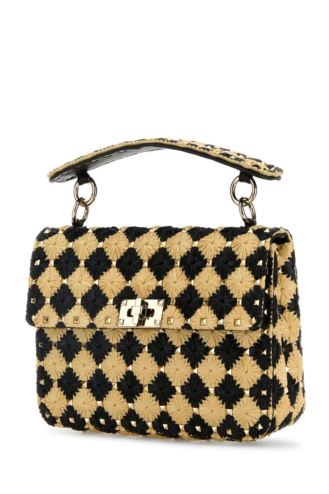 VALENTINO GARAVANI Rockstud Spike Medium Black Yellow Raffia Shoulder Bag New image 2