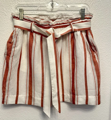Express Mini Skirt Linen Blend Sz M Belted Paper Bag Waist Stripe Pull On Coral
