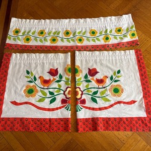 Groovy SEARS Bird & Flowers 2 Curtain + 1 Valance Kitchen Set Rod Pocket 1970s
