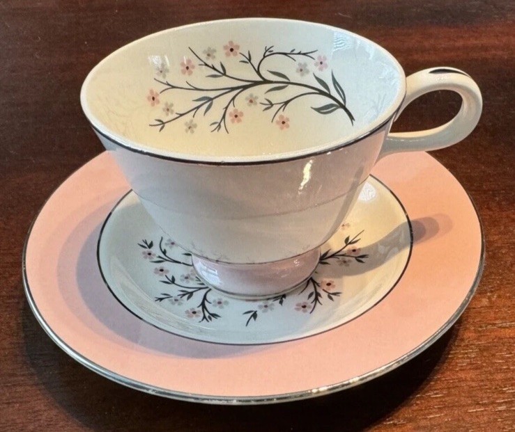 Set of 5 Homer Laughlin Vintage EggShell China Cavalier w/Pink Rim Cups &Saucers