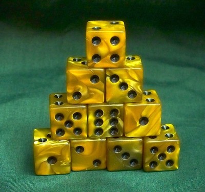 d6 DICE SET (10) 16mm - GOLD MARBLED/BLACK PIPS, WARHAMMER, D&D, RPG, NEW
