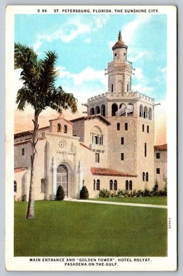 Vintage St. Petersburg FL Hotel Rolyat Golden Tower Postcard Linen