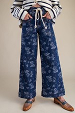 Easel Women's Floral Printed Washed Dark Blue Denim Jeans Pants Size Small