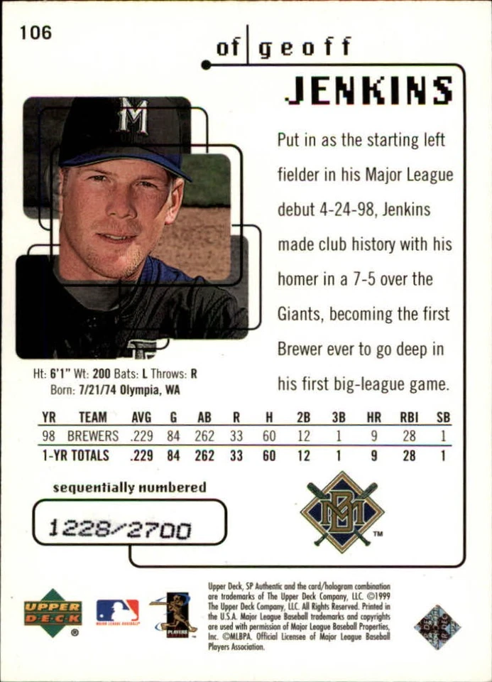 1999 SP Authentic #106 Geoff Jenkins FW /2700 - NM-MT - Image 2 of 2
