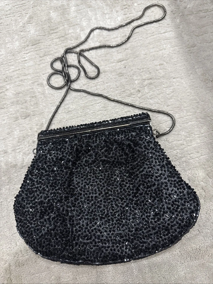 Винтажный 1980-х LaRegale черный бисером многоцветная эмаль специальный случай сумочка сумка - Изображение 2 из 4