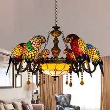 Tiffany Stained Glass Parrots Chandelier Indo...