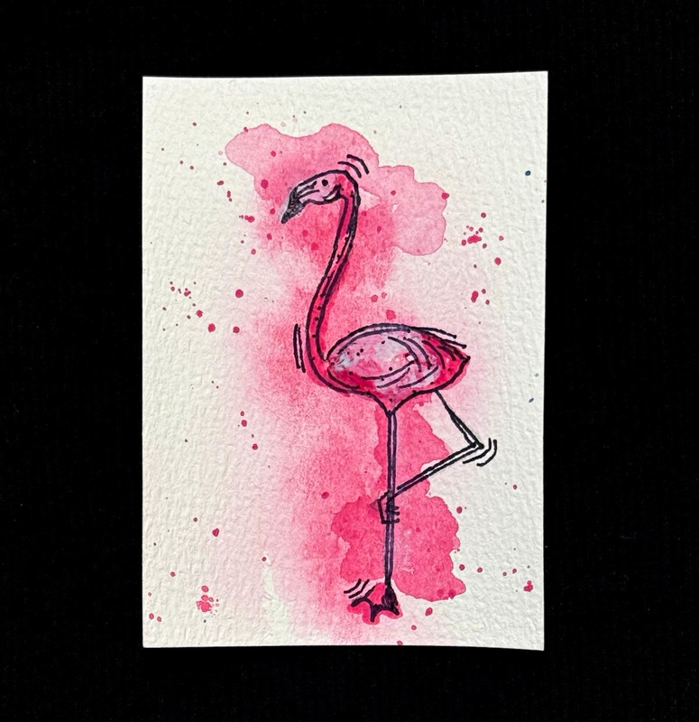 ACEO Original Art - Pink Flamingo, Birds, Animals - Watercolor 2.5x3.5 by M.A.R