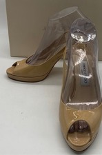 Jimmy Choo Nude Beige Patent Leather Platform Peep Toe Ankle Strap Pumps sz 37.5