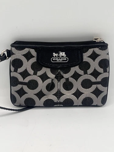 Portafoglio Coach Logo Stampato Tela Piccolo Polso Nero Dettagli Pelle Logo