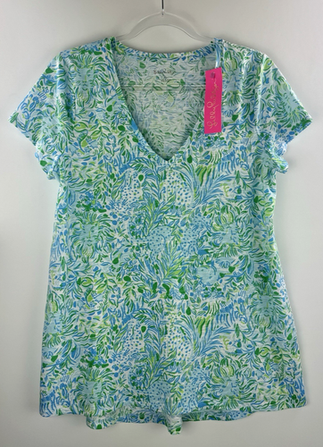 NWT Lilly Pulitzer Etta V-Neck Top Dandy Lions Hydra Blue Medium