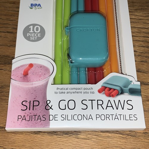 Crofton Silicone Straws with Cleaning Brush and Storage Pouch 10 Piece Set New! - Picture 3 of 5