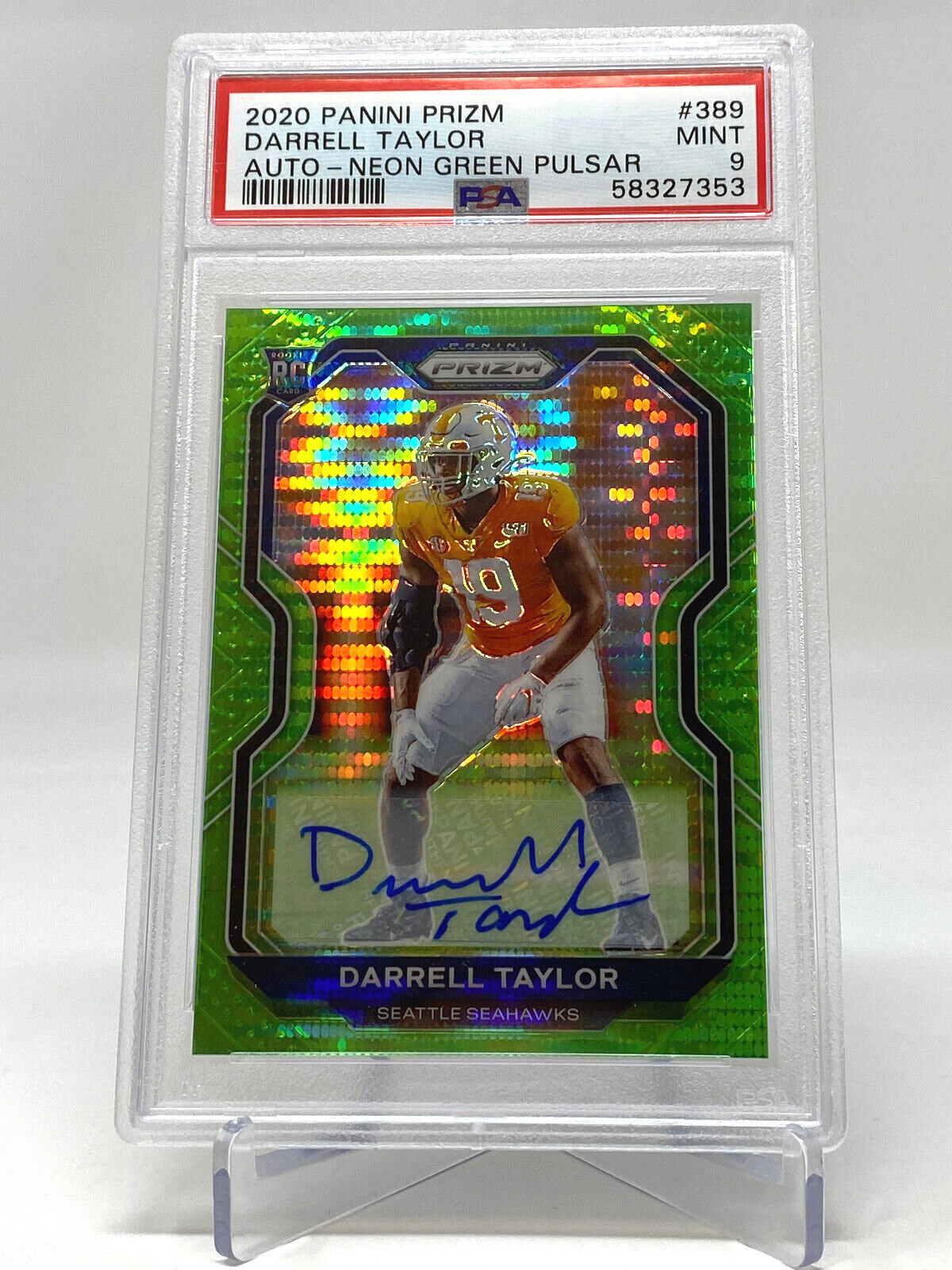 2020 Panini Prizm #389 Darrell Taylor Auto Neon Green Pulsar PSA 9 Rookie Card view 4