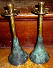 Mid Century Modern Jadaica Green Enamel Brass Copper 2 Candlesticks A3