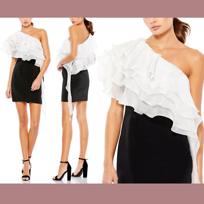 NEW $298 IEENA Mac Duggal [ 4 ] Dramatic Ruffle Cocktail Mini Dress Black J1055