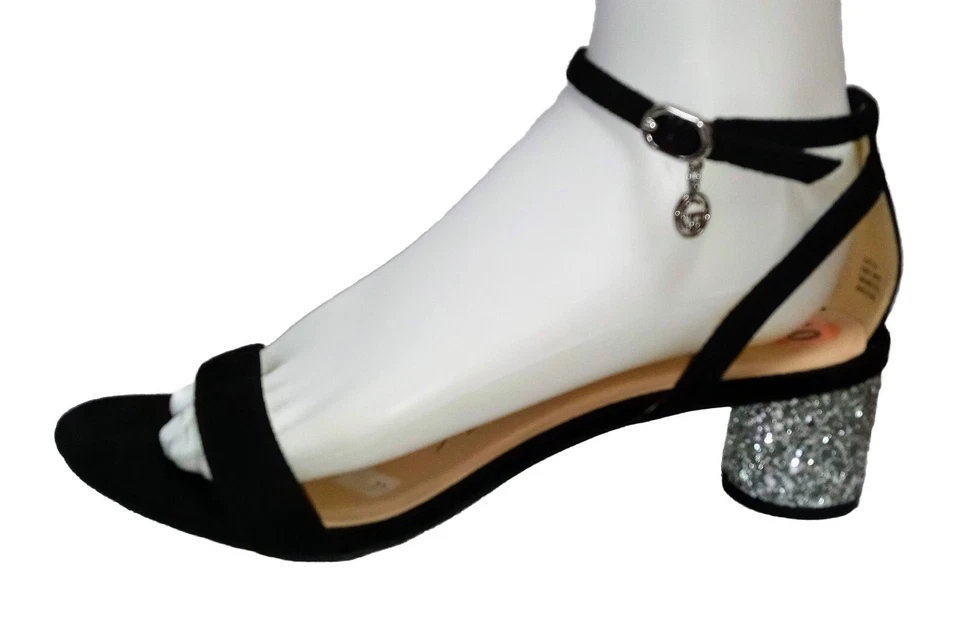 Tahari Girl Womens Caitie Sz 10 Heeled Black/Silver Sandals ROUND Glitter Heels - Image 2 of 4