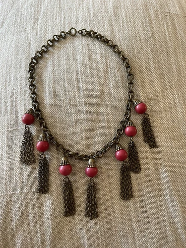 Stunning Vintage Red Coral Celluloid Miriam Haskell? Brass Drop Tassel Necklace