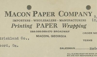1940 Macon Paper Company 570 Broadway Macon GA Billing Statement 384