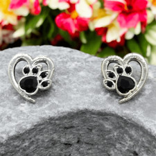 Rhinestone Paw Print Heart Earring Silver Pierced Stud Cat Lady Dog Mom Animal