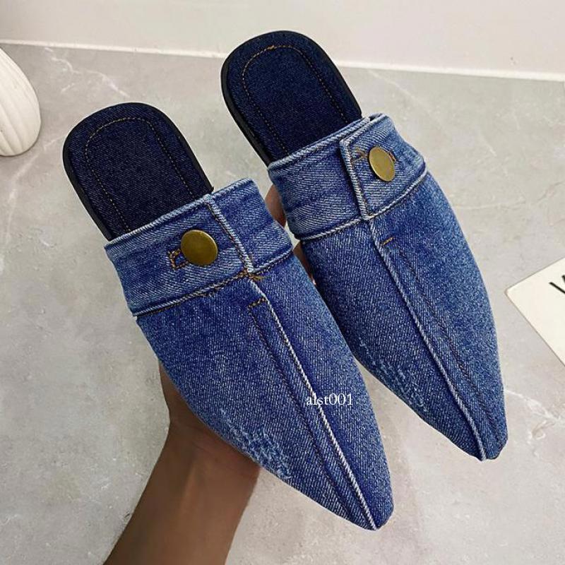 Women Blue Denim Slippers Pointed Toe Slides Mules Slip on Flats